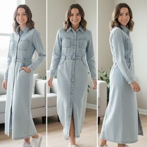 Zara Light Blue Denim Midi Dress